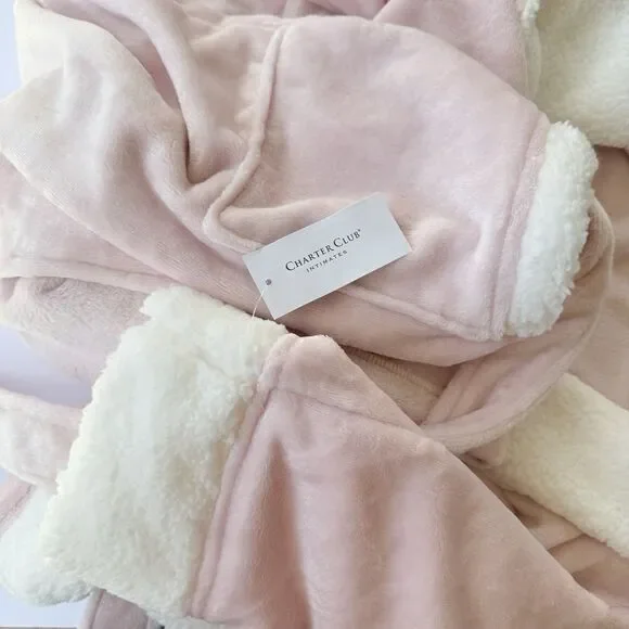 NWT Charter Club Women's Long Plush Fleece Pink Robe White Trim Soft Belt - Picture 4 of 4